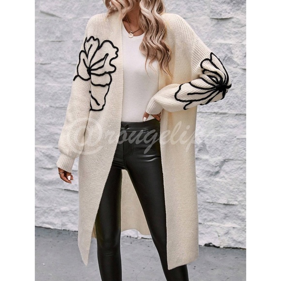 Off White Long Duster Cardigan Knit Black Flower Appliqué - Picture 2 of 10